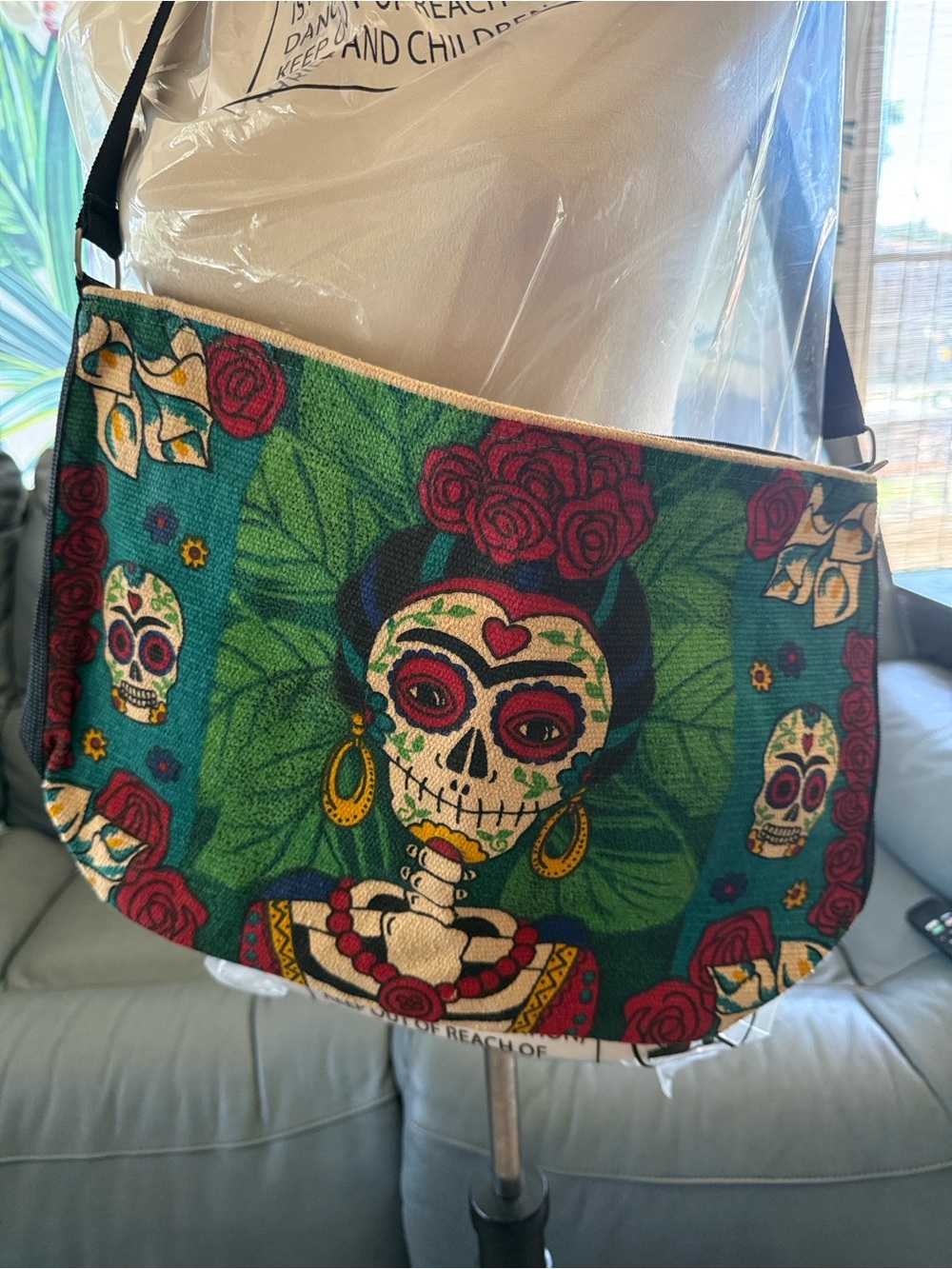 Teal Floral Sugar Skull Crossbody Bag - Day of the Dead Style